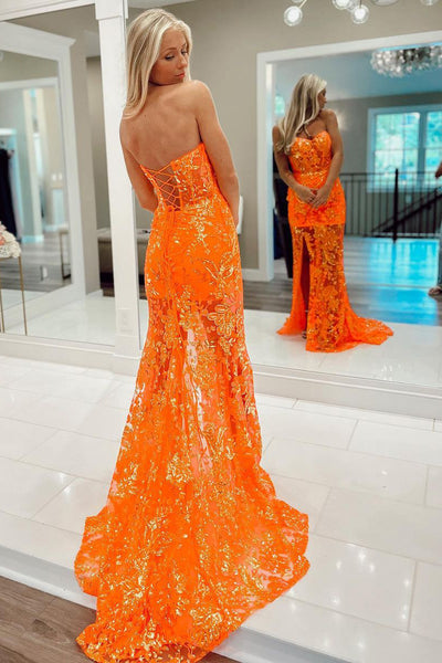 Orange Mermaid Sequin Lace Long Prom Dresses with Detachable Shoulder Straps VK23092503