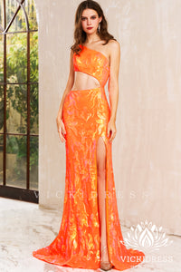 Orange One Shoulder Sequins Lace Mermaid Long Prom Dresses VK24010714-1