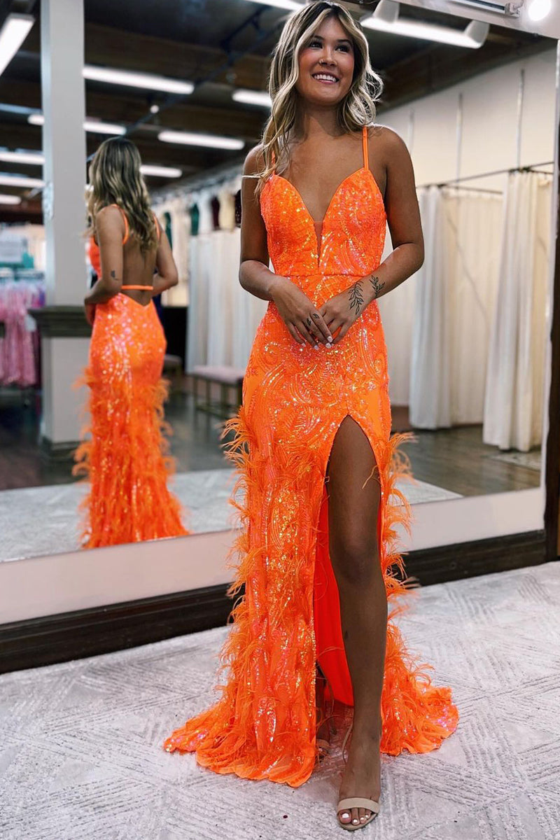 Orange Sequin Lace V Neck Mermaid Prom Dresses with Feather VK23112408