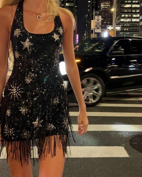 Sparkling Tassel Square Neck Star Sequin Open Back Homecoming Dress P3810