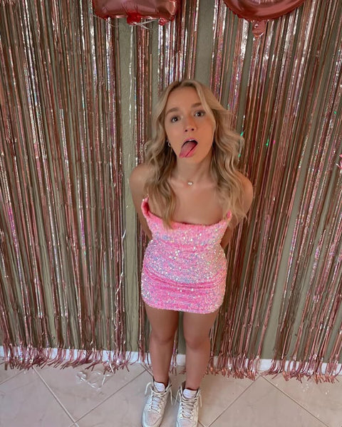Cute Pink Sequined Tube Top With Back Straps And Hip Wrap 17th Birthday Homecoming Dress P3820