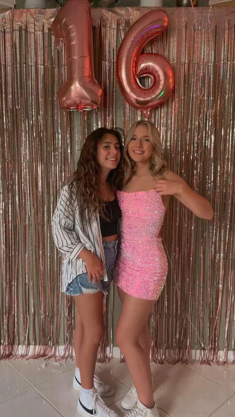 Cute Pink Sequined Tube Top With Back Straps And Hip Wrap 17th Birthday Homecoming Dress P3820