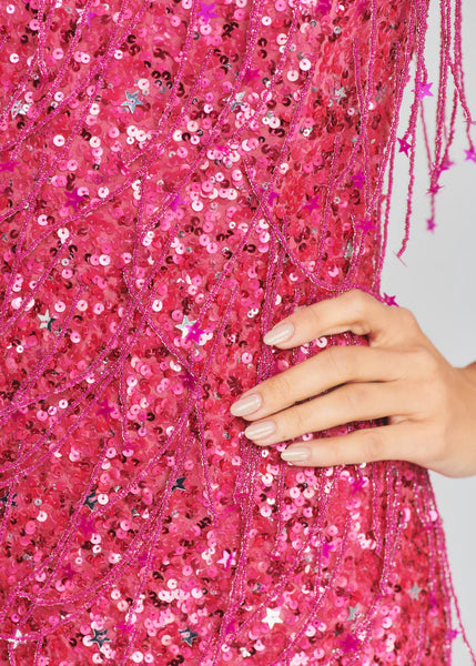 Shiny Pink Sequined Tassel Tube Top Slim Fit 17th Birthday Homecoming Dress P3877