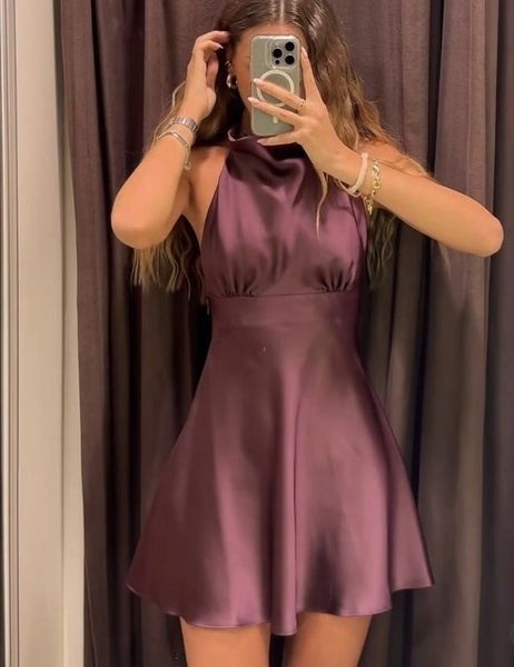 Elegant Homecoming Dress A Line Stain Halter Dark Purple Cocktail Dress Short Birthday Party Dress