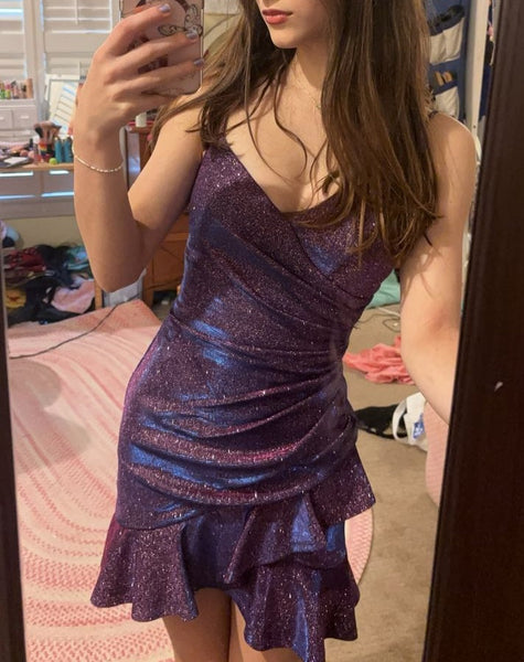 Shiny Homecoming Dress Dark Purple Spaghetti Straps Pleated Back to School Outfits Short Birthday Party Dress