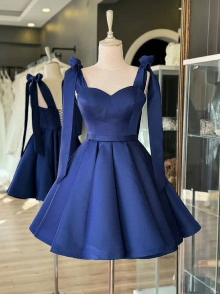 Fashion Homecoming Dress A Line Straps Navy Blue Stain Short Birthday Party Dress Cocktail Dress
