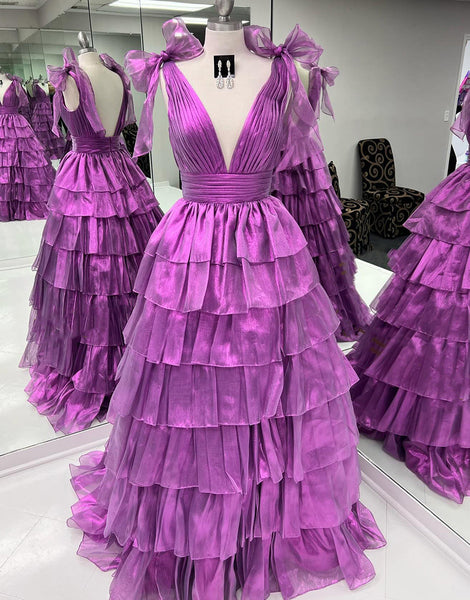 Fairy Ball Gown V Neck Pink Tiered Organza Long Prom Dress