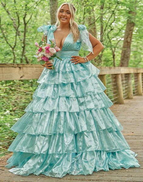 Fairy Ball Gown V Neck Pink Tiered Organza Long Prom Dress
