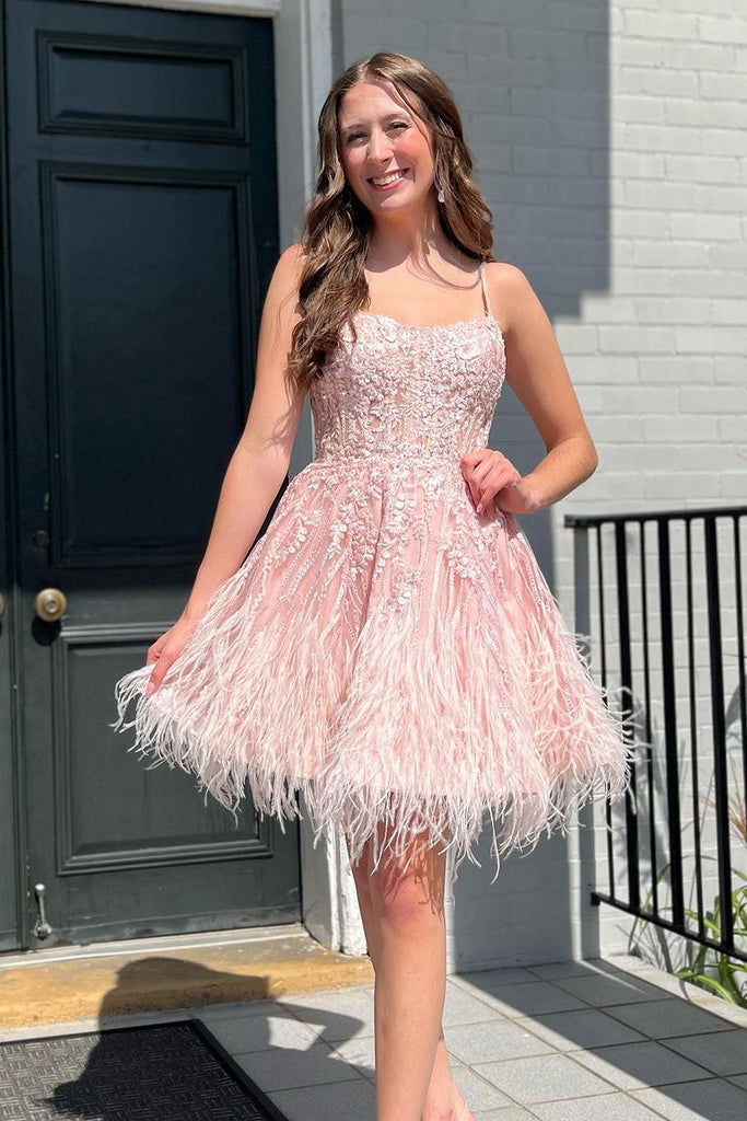 slim fit dress slacks Peach Scoop Neck Appliques Short Homecoming Dress with Feather VK24051904 –  Vickidress