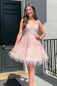 Peach Scoop Neck Appliques Short Homecoming Dress with Feather VK24051904 Vickidress Peach Scoop Neck Appliques Short Homecoming Dress with Feather VK24051904 Vickidress