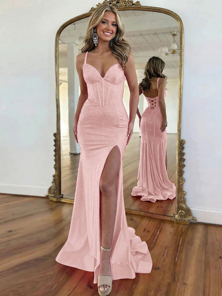 Hot Pink Lace-Up Back Corset Shimmer Prom Dresses with Slit VK26031513
