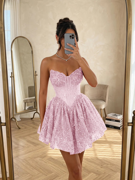 Sequin Strapless Sweetheart Mini Homecoming Dress with Ruffled Skirt