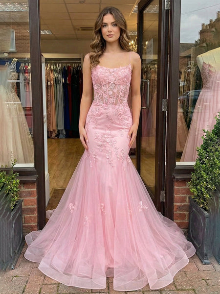 Pink Floral Lace Corset Mermaid Long Prom Dress