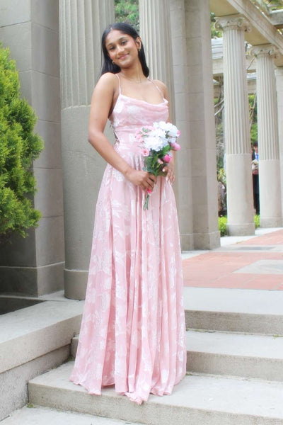 Pink Spaghetti Straps Print A-Line Sleeveless Long Prom Dress