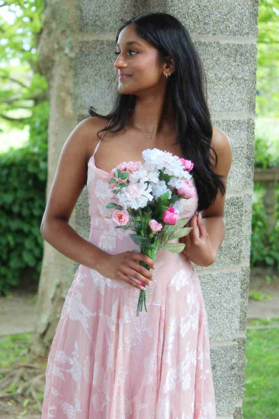 Pink Spaghetti Straps Print A-Line Sleeveless Long Prom Dress