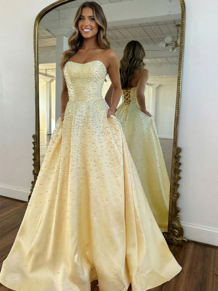 Pink Strapless A-line Sweetheart Long Prom Dress With Pearls