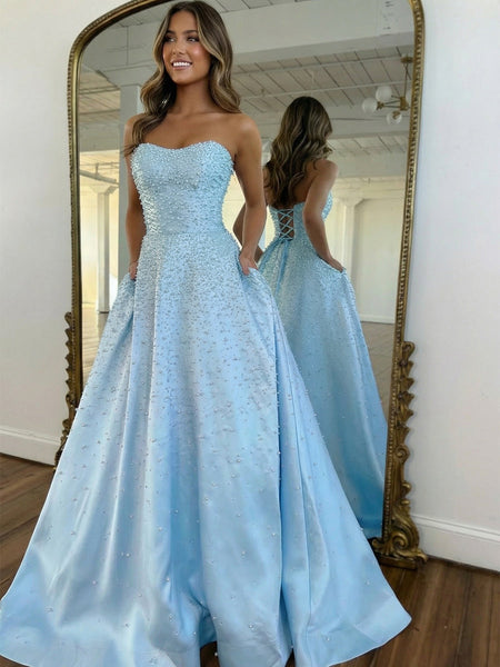 Pink Strapless A-line Sweetheart Long Prom Dress With Pearls VK26031521