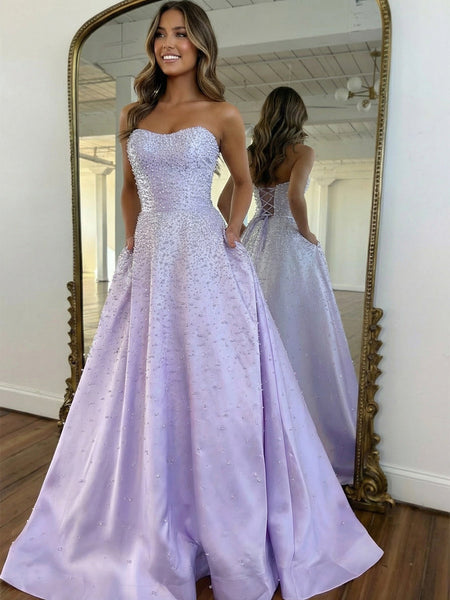 Pink Strapless A-line Sweetheart Long Prom Dress With Pearls VK26031521