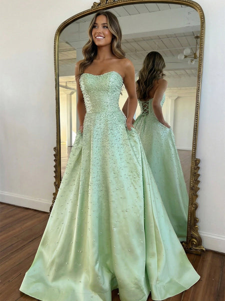 Pink Strapless A-line Sweetheart Long Prom Dress With Pearls VK26031521