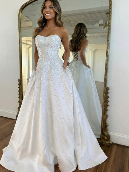 Pink Strapless A-line Sweetheart Long Prom Dress With Pearls VK26031521