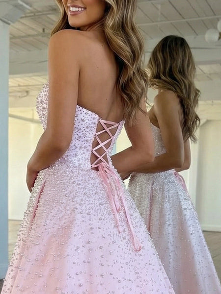 Pink Strapless A-line Sweetheart Long Prom Dress With Pearls