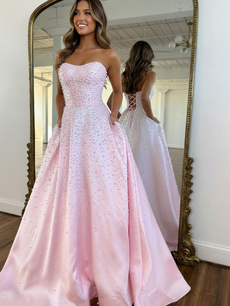Pink Strapless A-line Sweetheart Long Prom Dress With Pearls VK26031521