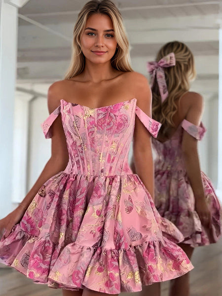 Floral Off Shoulder Brocade Homecoming Dress with Ruffled