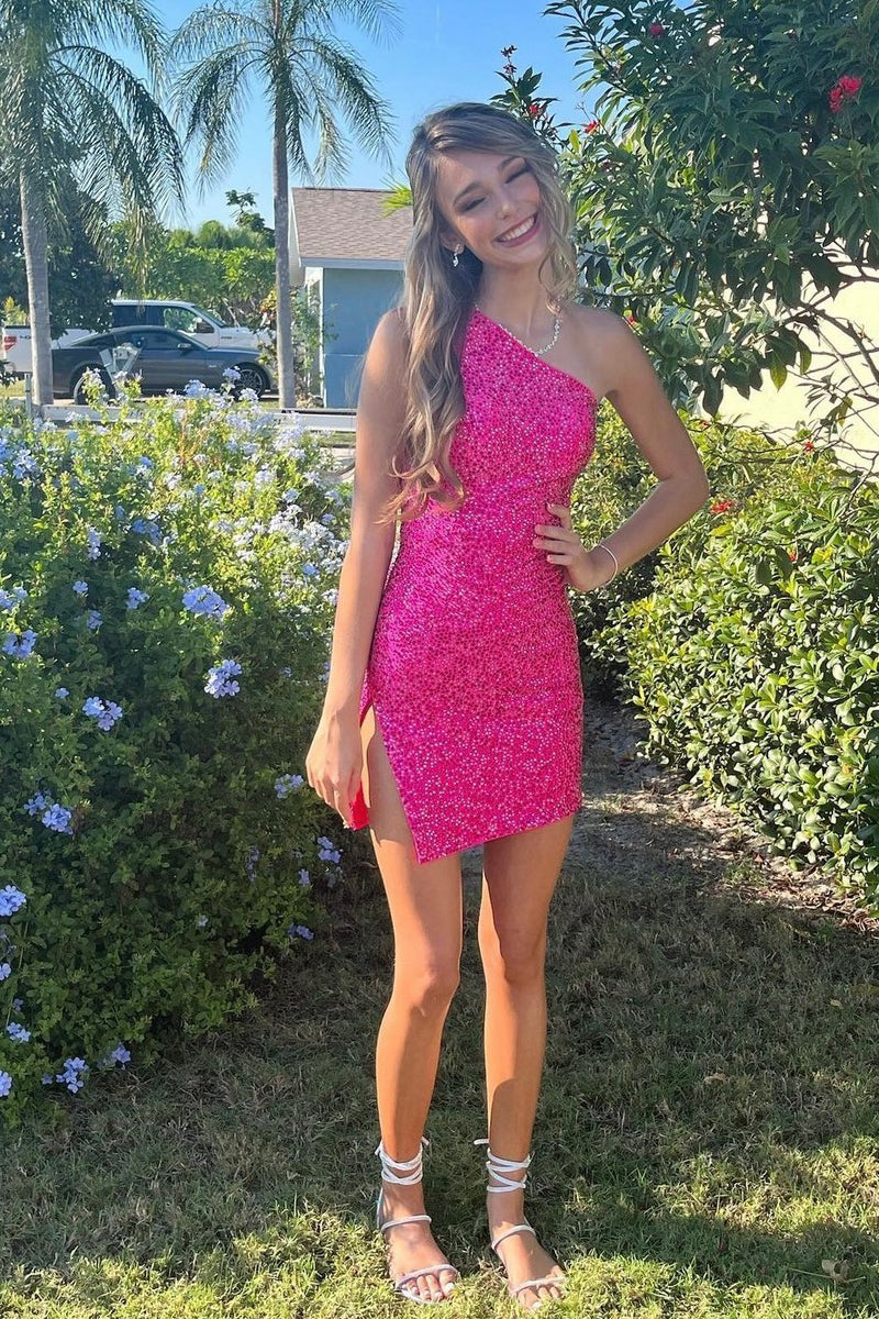 Pink Sequins One Shoulder Bodycon Short Homecoming Dresses VK23101302 Vickidress Pink Sequins One Shoulder Bodycon Short Homecoming Dresses VK23101302 Vickidress