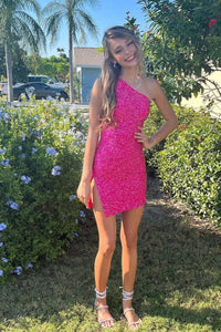 Pink Sequins One Shoulder Bodycon Short Homecoming Dresses VK23101302