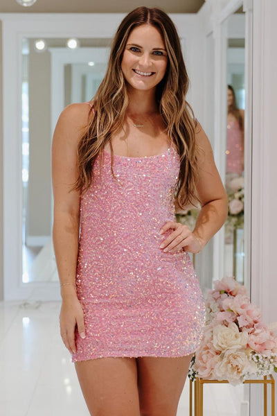 Pink Sequins Scoop Neck Tight Short Homecoming Dresses VK23092509