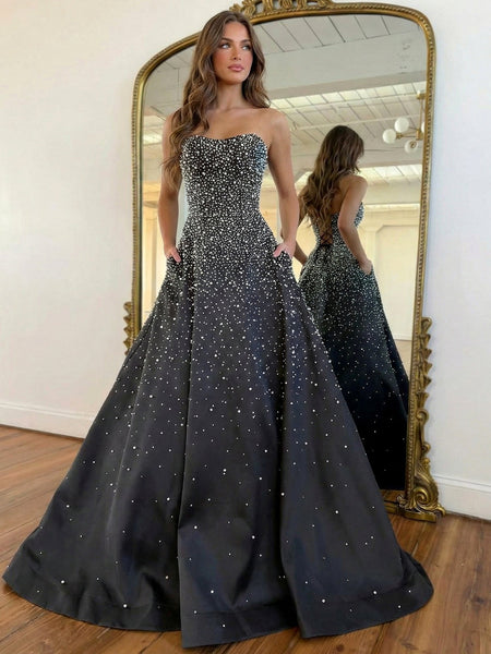 Pink Strapless A-line Sweetheart Long Prom Dress With Pearls VK26031521