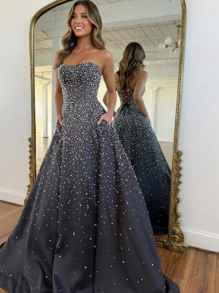 Pink Strapless A-line Sweetheart Long Prom Dress With Pearls VK26031521