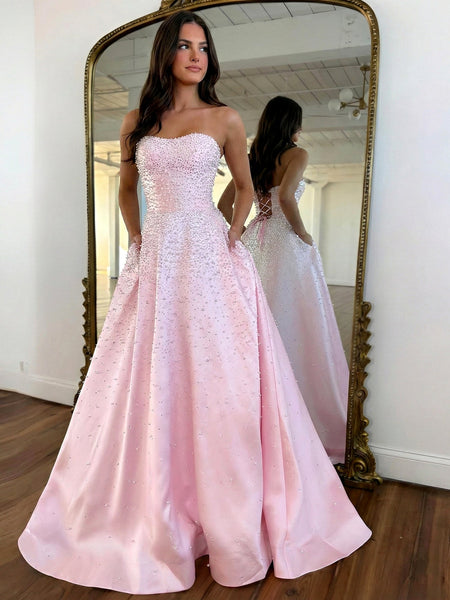 Pink Strapless A-line Sweetheart Long Prom Dress With Pearls