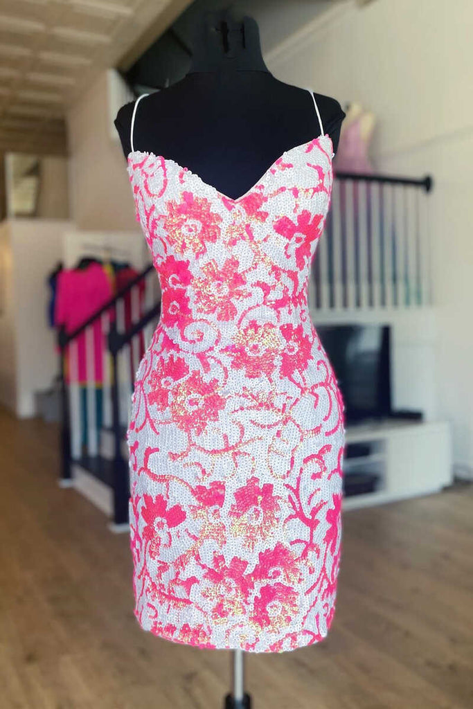 Cute V Neck Pink Sequin Sheath Cocktail Dress Short Prom Dress Homecoming Dress main image 0
