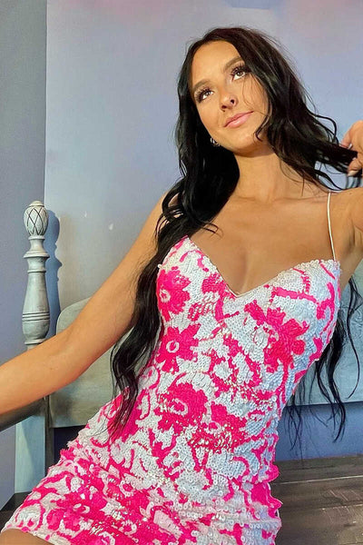 Pink V Neck Sequins Bodycon Short Homecoming Dresses Mini Cocktail Dress VK24032705-3