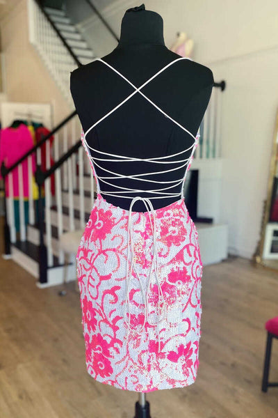 Pink V Neck Sequins Short Tight Homecoming Dresses VK081403-4