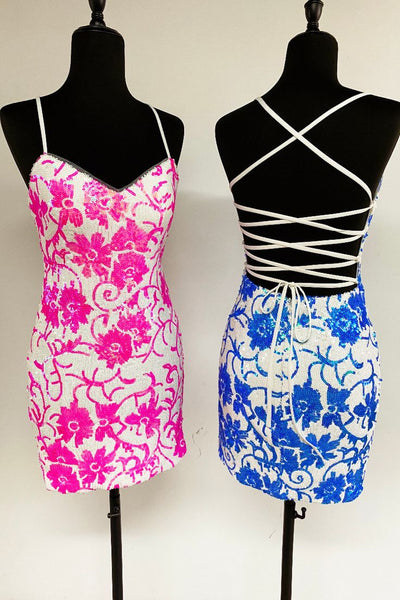 Pink V Neck Sequins Short Tight Homecoming Dresses VK081403