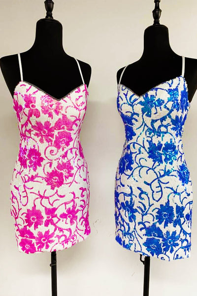 Cute V Neck Blue White Sequin Lace Tight Short Homecoming Dresses VK24082913