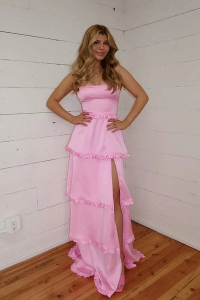 Playful Square Neck Ruffle Trim Tiered Satin Prom Dress with Lace Up Back and High Slit