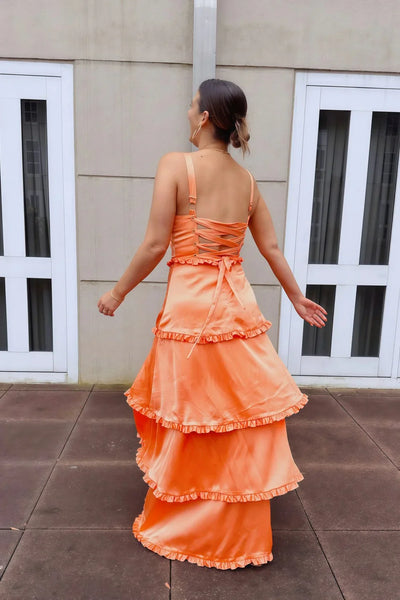 Playful Square Neck Ruffle Trim Tiered Satin Prom Dress with Lace Up Back and High Slit