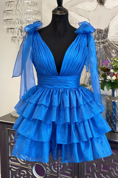Plunge Neck Fuchsia Ruffle Tiered Short Dress