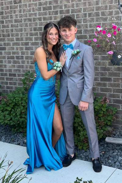 Plunge Neck Blue Sequin Appliques Mermaid Long Dress