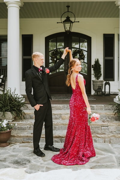 Plunge Neck Fuchsia Sequin Mermaid Long Dress