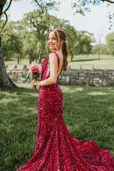 Plunge Neck Fuchsia Sequin Mermaid Long Dress