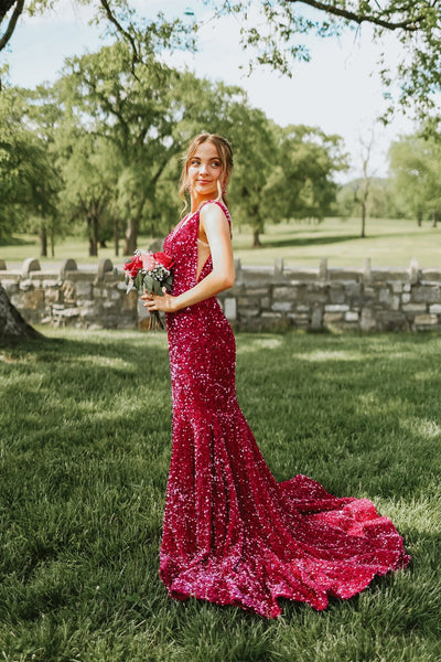 Plunge Neck Fuchsia Sequin Mermaid Long Dress