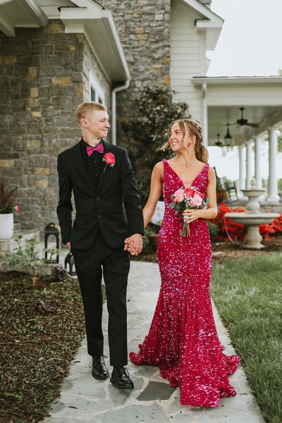 Plunge Neck Fuchsia Sequin Mermaid Long Dress