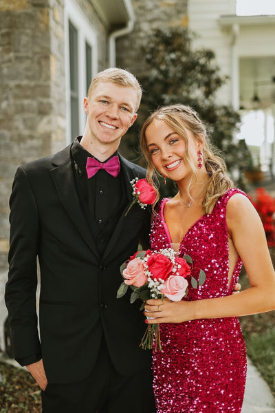 Plunge Neck Fuchsia Sequin Mermaid Long Dress
