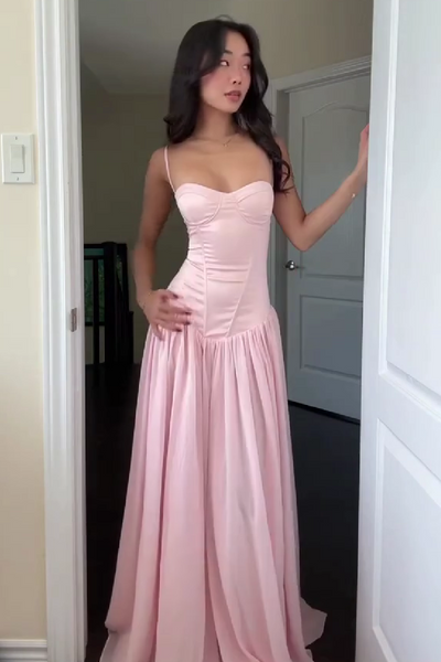A Line Spaghetti Straps Pink Corset Prom Dress With Ruffles Formal Evening Gown