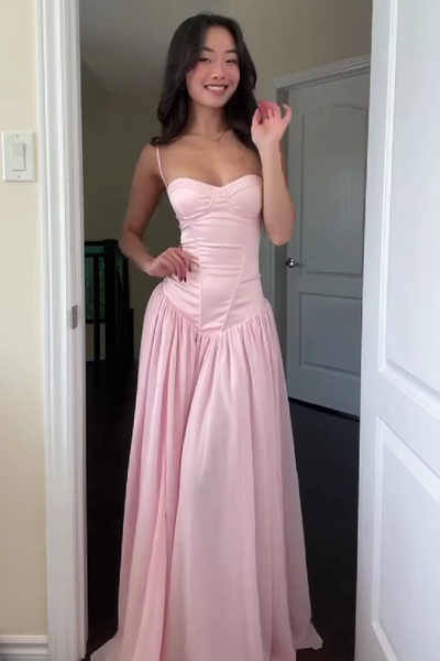 A Line Spaghetti Straps Pink Corset Prom Dress With Ruffles Formal Evening Gown