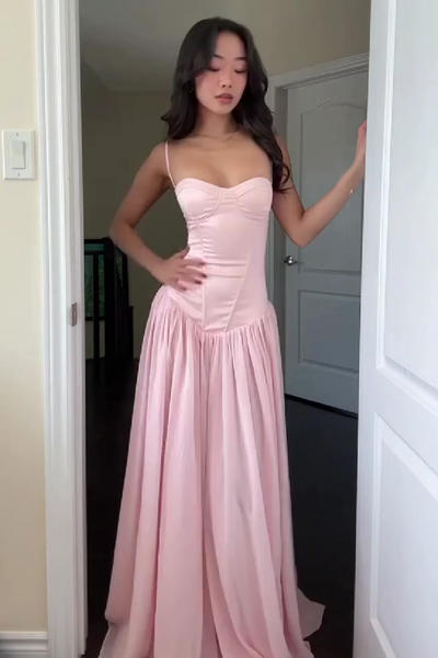 A Line Spaghetti Straps Pink Corset Prom Dress With Ruffles Formal Evening Gown